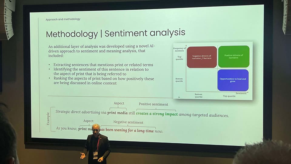 Brendan Perring showcasing research regarding the sentiment towards print online